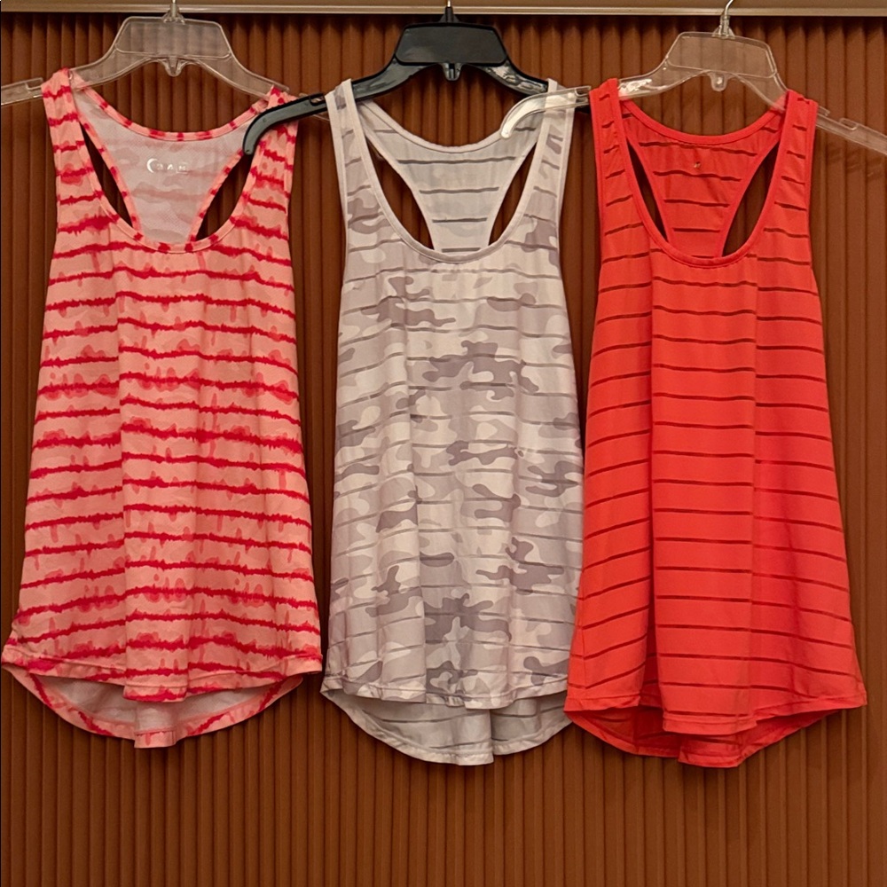 Zyia Women’s Striped & Camo Racerback Tank Top — Coral Stripe, White/Gray, Coral
